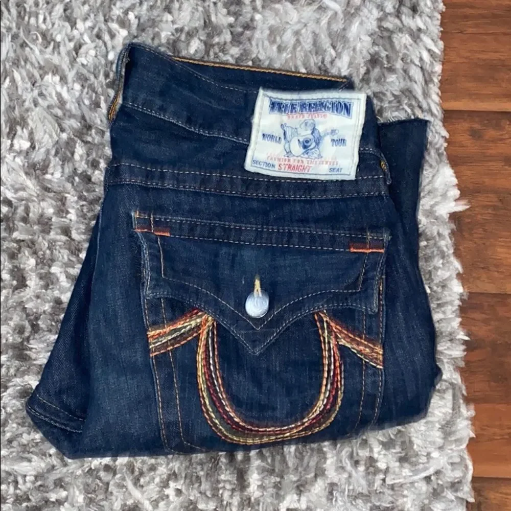 True Religion Blue Denim Manmade Rainbow Horseshoe Casual Cutoff Shorts